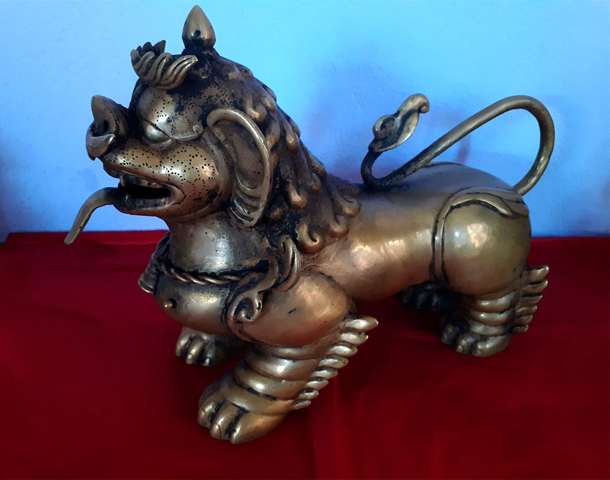 Tibetan Pair of Lion Feng Shui Lions Foo Fu Dog Guardian Singha Brass Statue Sculpture Nepal free