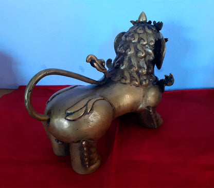 Tibetan Pair of Lion Feng Shui Lions Foo Fu Dog Guardian Singha Brass Statue Sculpture Nepal free