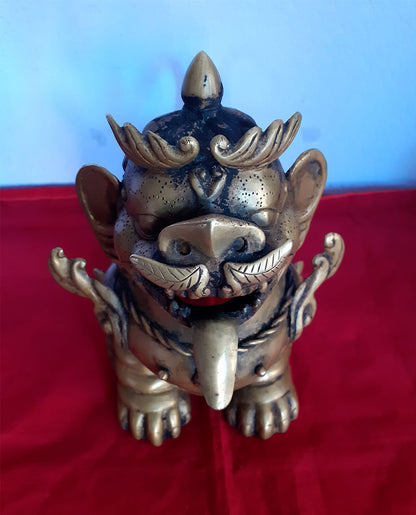 Tibetan Pair of Lion Feng Shui Lions Foo Fu Dog Guardian Singha Brass Statue Sculpture Nepal free