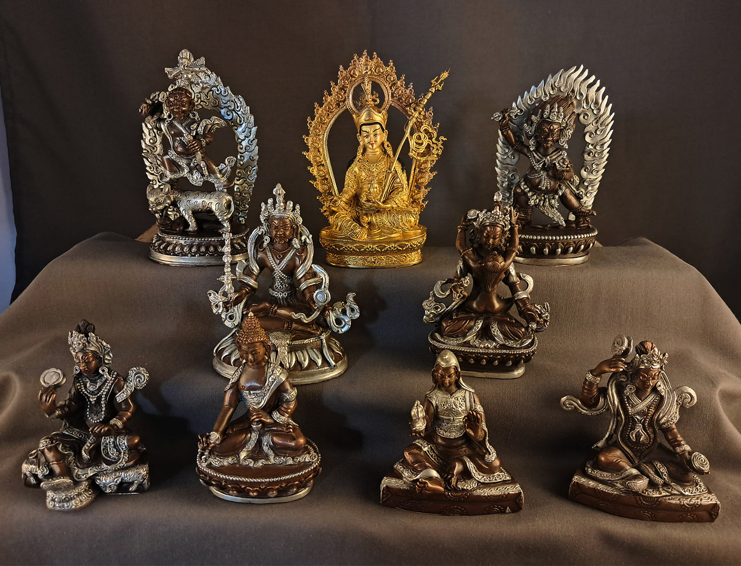 Tibetan Buddhism Guru Rinpoche Gold Face Gold Plated Eight Manifestations of Guru Silver Oxide Copper Statue Sculpture free (Copy)