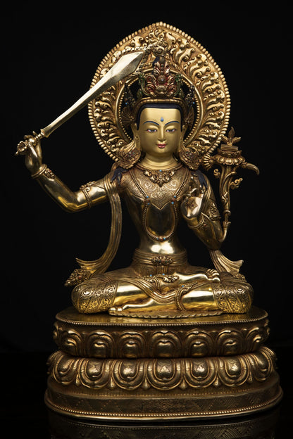Unique Tibetan Buddhism Lord Manjushri Gold Plated Pure Copper Statue Figure Sculpture Nepal free