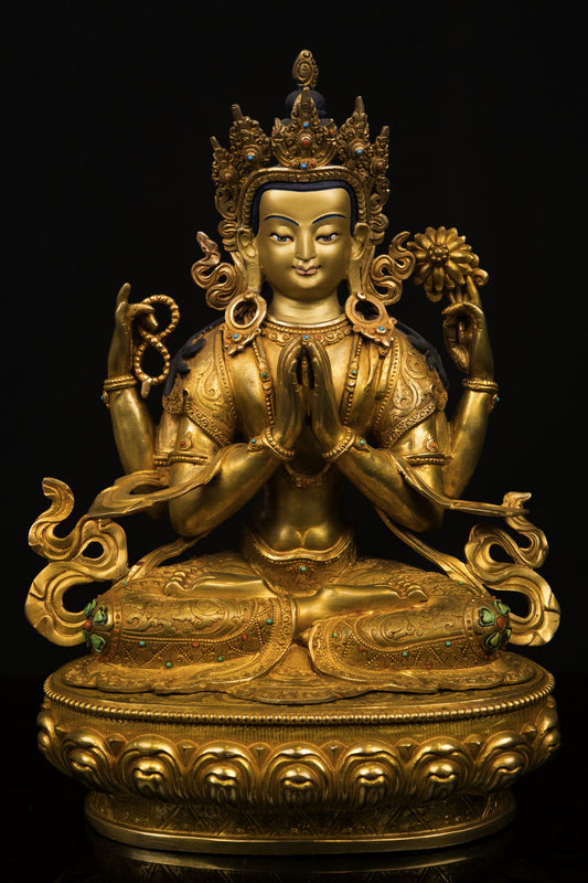 24K Gold Face Tibetan Lord Chenrezig Khacheri Copper Oxide Statue Sculpture Figure Nepal free