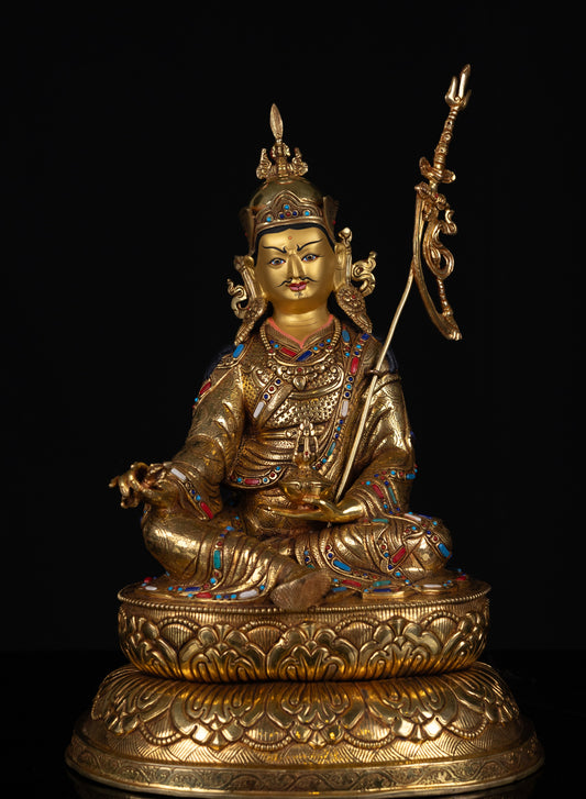 Tibetan Buddhism Gold Face Guru Rinpoche Padmasambhava Turquoise Coral Lapiz Stone Gold Plated Copper Statue Sculpture Figure Nepal free