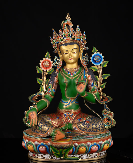 Tibetan Buddhism Gold Face Goddess Green Tara Rupa Dolma Dolma Jongma Hand Painting Color Copper Statue Sculpture Figure Nepal free