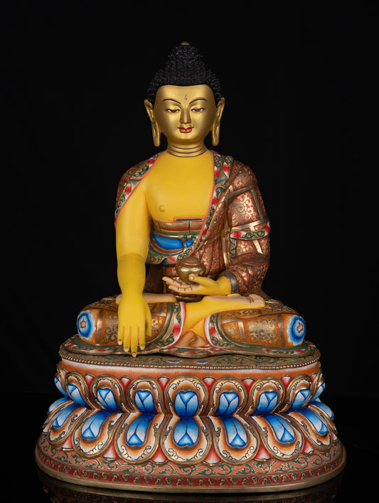 Tibetan Buddhism Gold Face Paint Lord Shakyamuni Buddha Hand Craved Yellow Multi-color Copper Statue Sculpture Figure Nepal free