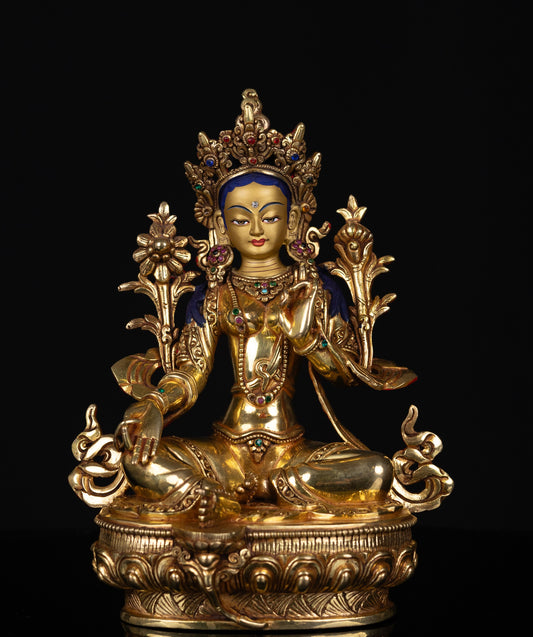 Tibetan Buddhism Gold Face Goddess Green Tara Dolma Rupa Dolma Jongma Turquoise Coral Stone Copper Statue Sculpture Figure Nepal free
