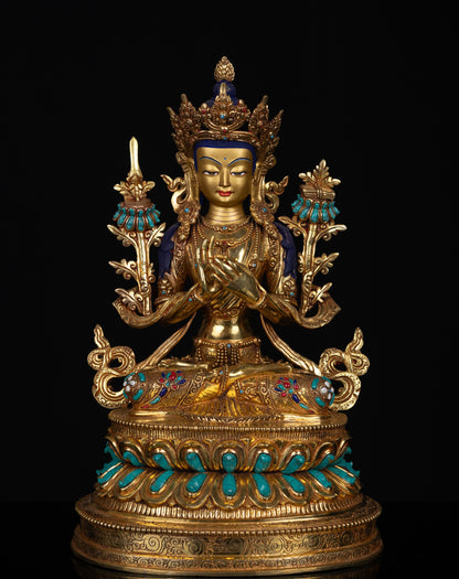 Tibetan Buddhism Lord Manjushri Gold Face Paint Copper Gold Plated Turquoise Lapiz Coral Stone Statue Figure Sculpture Nepal free