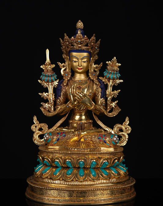 Tibetan Buddhism Lord Manjushri Gold Face Paint Copper Gold Plated Turquoise Lapiz Coral Stone Statue Figure Sculpture Nepal free