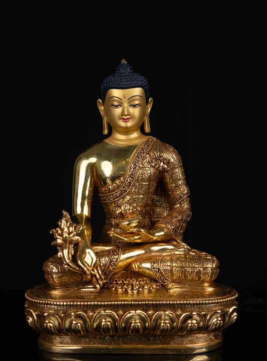 Tibetan Buddhism Gold Face Painting Lord Medicine Buddha Hand Craved Gold Plated Copper Statue Sculpture Figure Nepal free