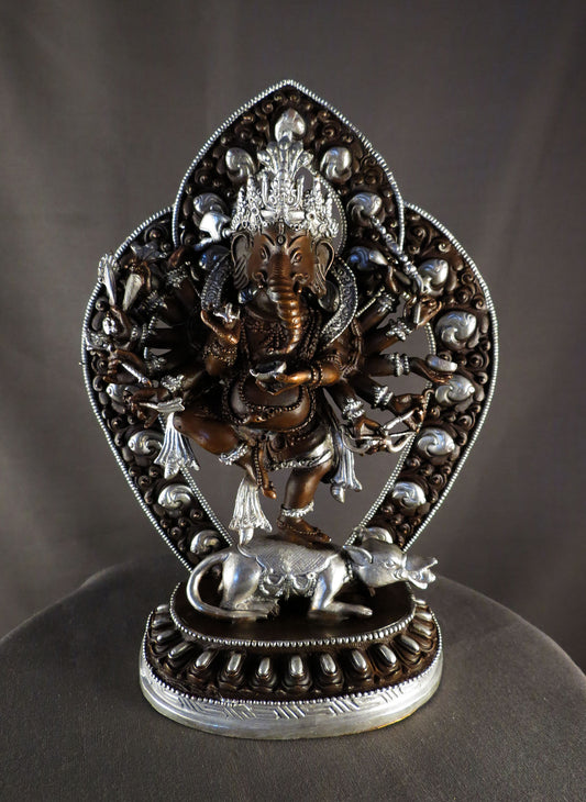 12 Hands Dancing Lord Ganesha Ganesh Silver Oxide Copper Sculpture Statue Figure free