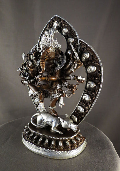 12 Hands Dancing Lord Ganesha Ganesh Silver Oxide Copper Sculpture Statue Figure free