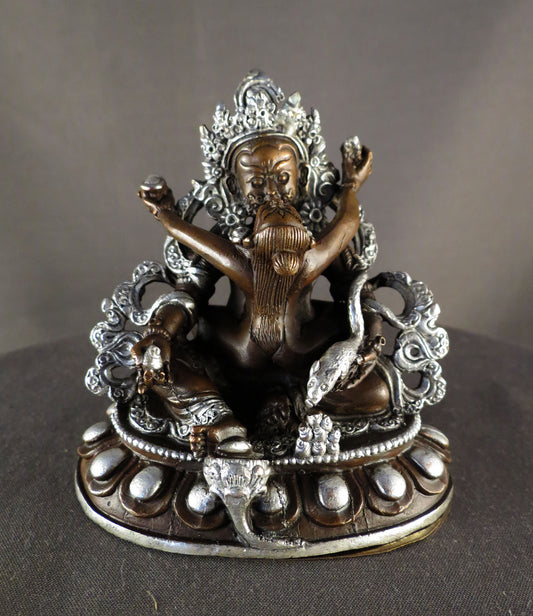 Tibetan Buddhism God of Wealth Jambala Zambala with Consort Silver Oxide Copper Statue Sculpture