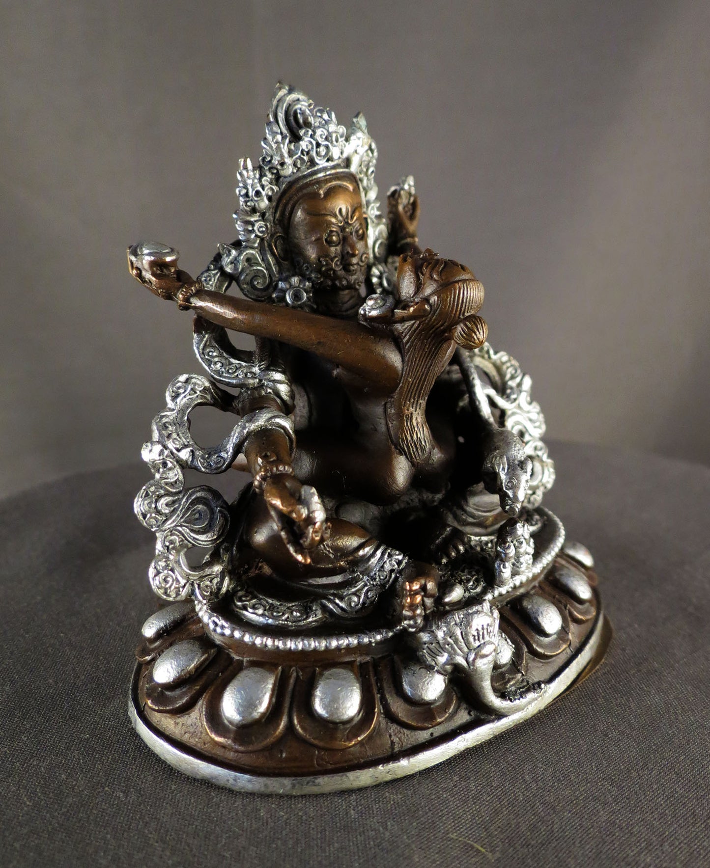 Tibetan Buddhism God of Wealth Jambala Zambala with Consort Silver Oxide Copper Statue Sculpture