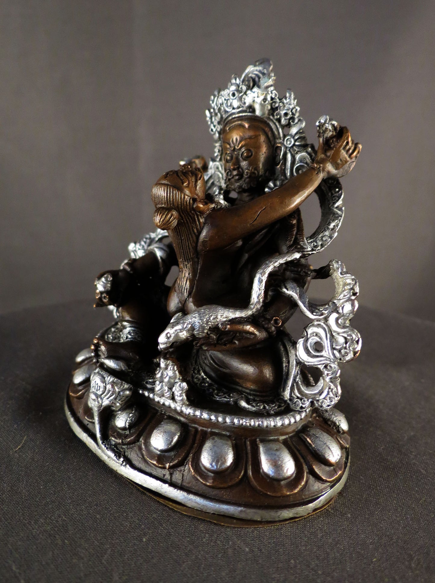 Tibetan Buddhism God of Wealth Jambala Zambala with Consort Silver Oxide Copper Statue Sculpture