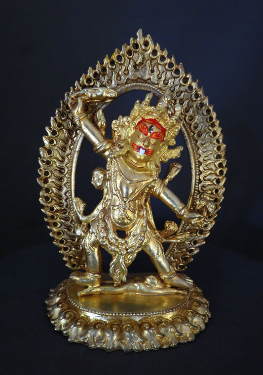 Tibetan Buddhism Gold Face Hand painting Wrathful Deity Ekajata Ekajati Gold Plated Copper Statue