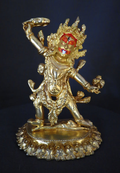 Tibetan Buddhism Gold Face Hand painting Wrathful Deity Ekajata Ekajati Gold Plated Copper Statue