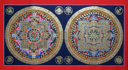 Buddhism Tibetan Om Mantra 8 Auspicious Lucky Sign Ritual Mandala Hand Painting Thangka Double Thangka