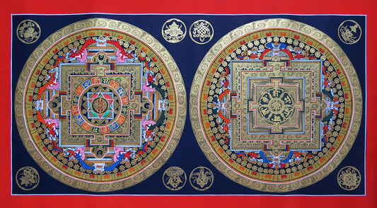 Buddhism Tibetan Om Mantra 8 Auspicious Lucky Sign Ritual Mandala Hand Painting Thangka Double Thangka
