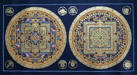 Tibetan Buddhism Om Mantra 8 Auspicious Lucky Sign Ritual Mandala Hand Painting Thangka Double Thangka Black