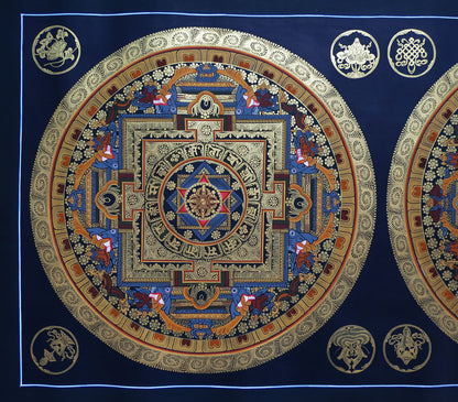 Tibetan Buddhism Om Mantra 8 Auspicious Lucky Sign Ritual Mandala Hand Painting Thangka Double Thangka Black