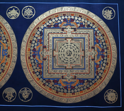 Tibetan Buddhism Om Mantra 8 Auspicious Lucky Sign Ritual Mandala Hand Painting Thangka Double Thangka Black