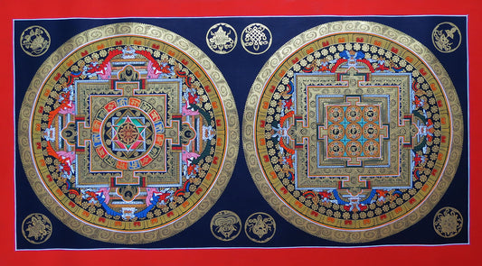 Tibetan Buddhism Om Mantra Ritual 8 Auspicious Lucky Sign Ritual Mandala Hand Painting Thangka Double Thangka