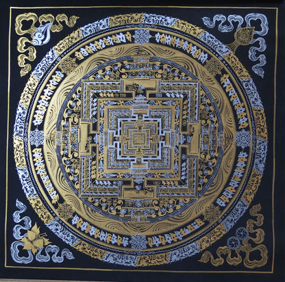Tibetan Buddhism Ritual Kalachakra Mandala Tantra Thangka Gold & Silver Color Hand Painting Art Black free