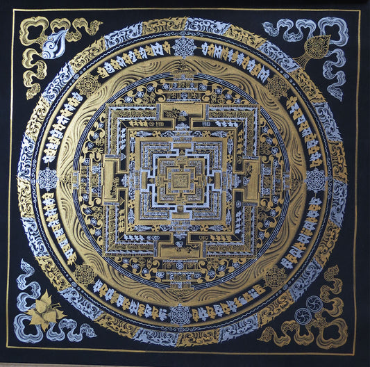 Tibetan Buddhism Ritual Kalachakra Mandala Tantra Thangka Gold & Silver Color Hand Painting Art Black free