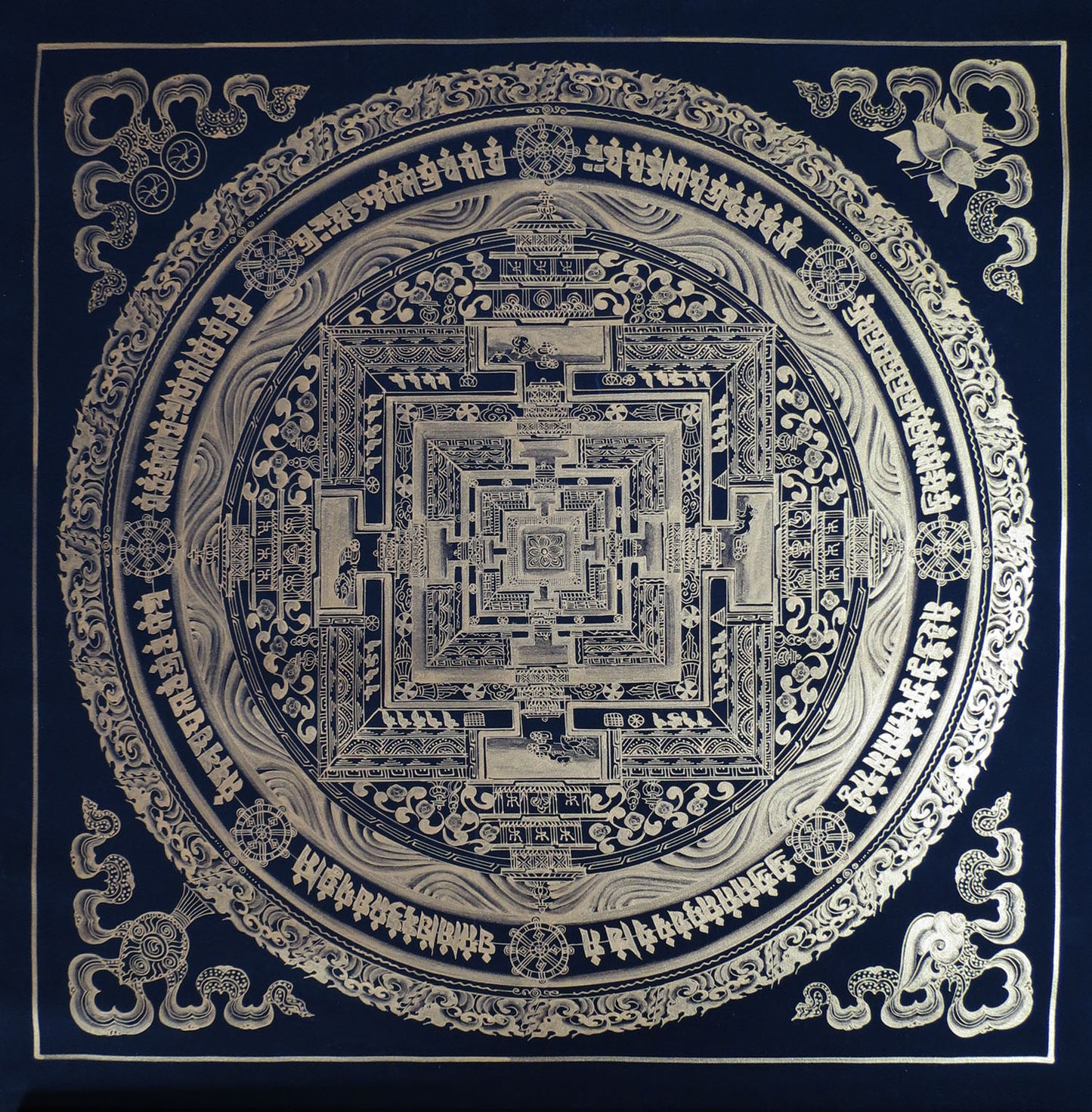 Tibetan Buddhism Ritual Kalachakra Mandala Tantra Thangka Silver Color Hand Painting Art Black free