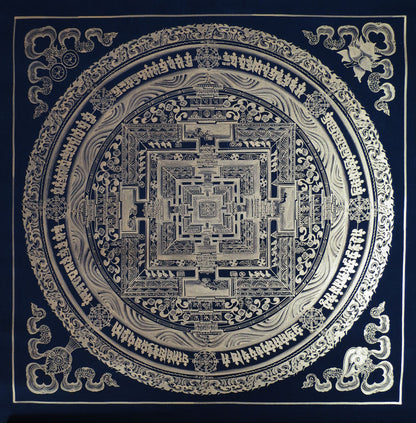 Tibetan Buddhism Ritual Kalachakra Mandala Tantra Thangka Silver Color Hand Painting Art Black free
