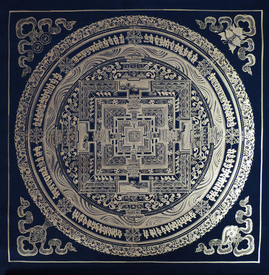 Tibetan Buddhism Ritual Kalachakra Mandala Tantra Thangka Silver Color Hand Painting Art Black free