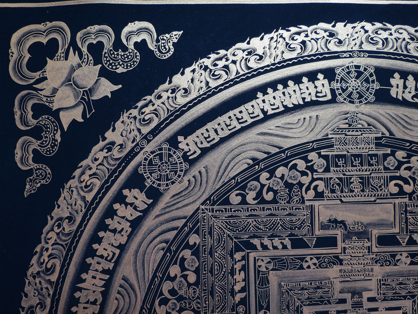 Tibetan Buddhism Ritual Kalachakra Mandala Tantra Thangka Silver Color Hand Painting Art Black free