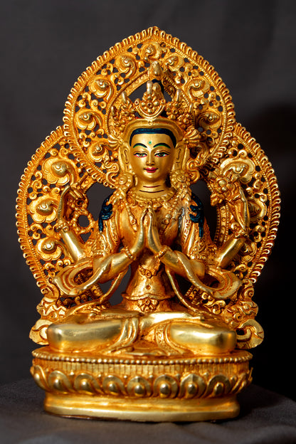 Tibetan Buddhism Gold Face Lord Chenrezig 15 cm Gold Plated Copper Statue Sculpture Figure Nepal free