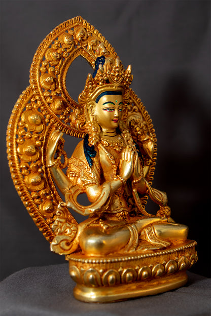 Tibetan Buddhism Gold Face Lord Chenrezig 15 cm Gold Plated Copper Statue Sculpture Figure Nepal free