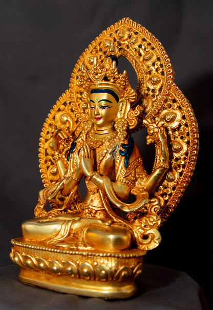 Tibetan Buddhism Gold Face Lord Chenrezig 15 cm Gold Plated Copper Statue Sculpture Figure Nepal free