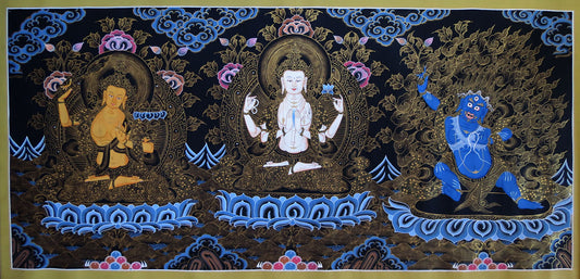 Tibetan Buddhism Boddhisattva Lord Manjushri Chenrezig Vajrapani 3 in 1 Lama hand Painting Thangka free