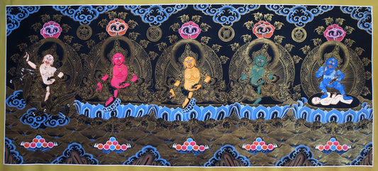 Tibetan Buddhism God of Wealth 5 Dhyani Jambhala Zambhala Hand Painting 5 in 1 Thangka Art free