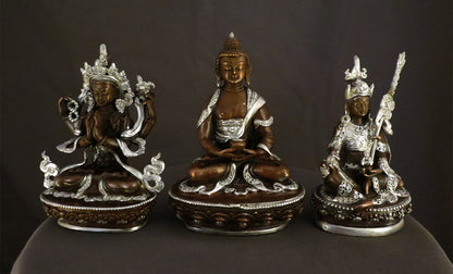 Tibetan Buddhism Lord Chenrezig, Lord Amitabha Buddha Guru Rinpoche Copper Statue Silver Oxide Sculpture free