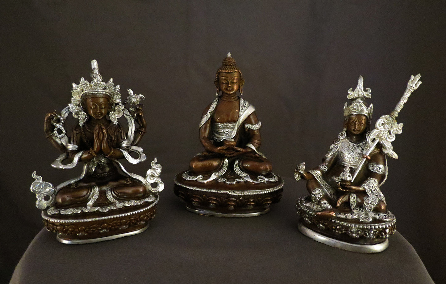 Tibetan Buddhism Lord Chenrezig, Lord Amitabha Buddha Guru Rinpoche Copper Statue Silver Oxide Sculpture free