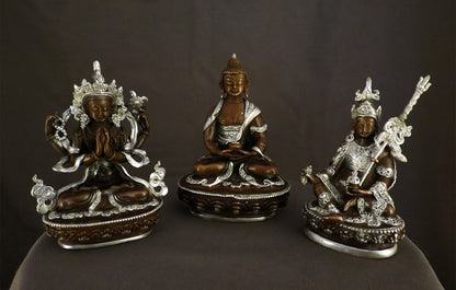 Tibetan Buddhism Lord Chenrezig, Lord Amitabha Buddha Guru Rinpoche Copper Statue Silver Oxide Sculpture free