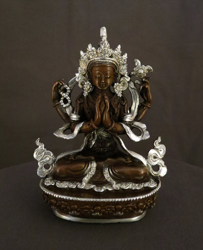 Tibetan Buddhism Lord Chenrezig, Lord Amitabha Buddha Guru Rinpoche Copper Statue Silver Oxide Sculpture free