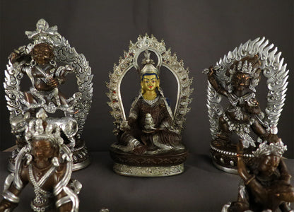 Tibetan Buddhism Guru Rinpoche Gold Face Eight Manifestations of Guru Silver Oxide Copper Statue Sculpture free