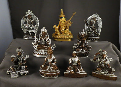 Tibetan Buddhism Guru Rinpoche Padmasambhava Gold Plated Statue with Eight Manifestations of Guru Silver Oxide Copper Statue Sculpture free