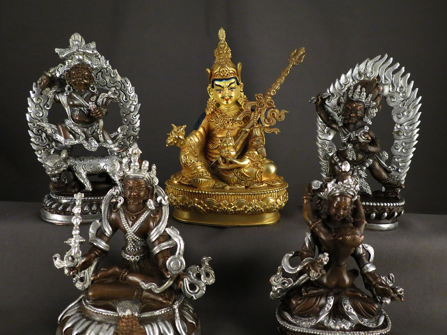 Tibetan Buddhism Guru Rinpoche Padmasambhava Gold Plated Statue with Eight Manifestations of Guru Silver Oxide Copper Statue Sculpture free