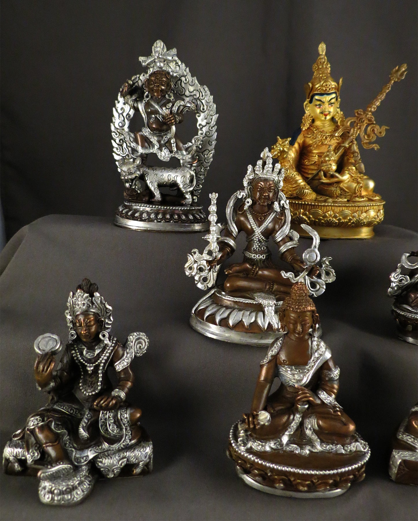 Tibetan Buddhism Guru Rinpoche Padmasambhava Gold Plated Statue with Eight Manifestations of Guru Silver Oxide Copper Statue Sculpture free