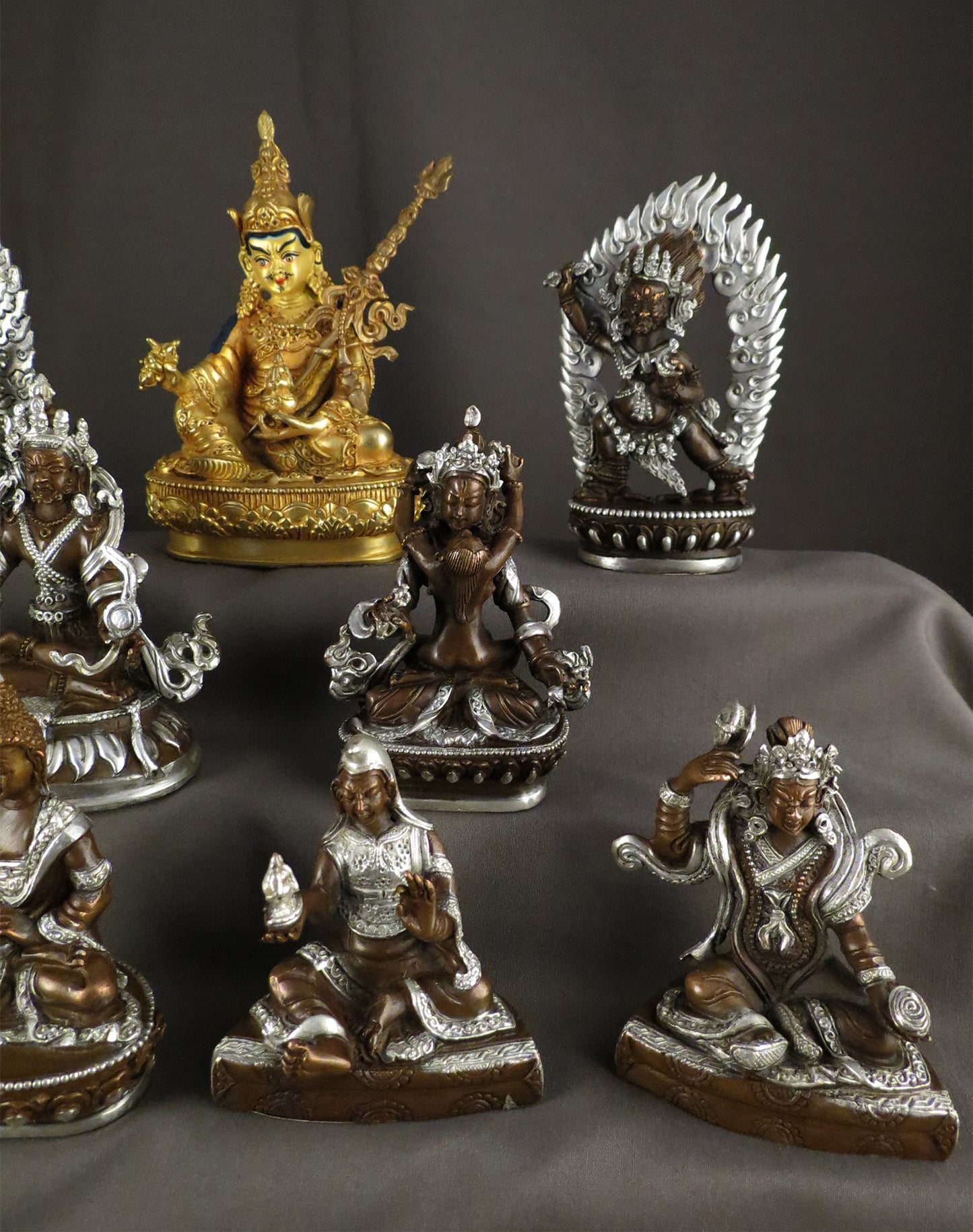 Tibetan Buddhism Guru Rinpoche Padmasambhava Gold Plated Statue with Eight Manifestations of Guru Silver Oxide Copper Statue Sculpture free