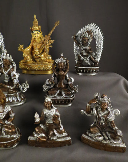 Tibetan Buddhism Guru Rinpoche Padmasambhava Gold Plated Statue with Eight Manifestations of Guru Silver Oxide Copper Statue Sculpture free
