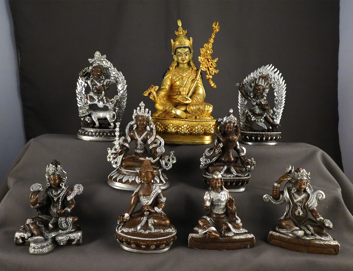 Tibetan Buddhism Guru Rinpoche Padmasambhava Gold Face Gold Plated Statue with Eight Manifestations of Guru Silver Oxide Copper Statue Sculpture free