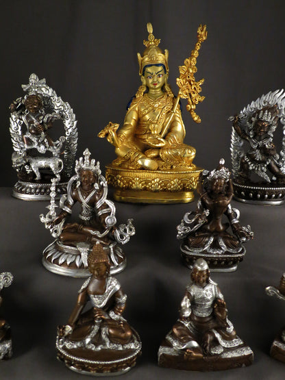 Tibetan Buddhism Guru Rinpoche Padmasambhava Gold Face Gold Plated Statue with Eight Manifestations of Guru Silver Oxide Copper Statue Sculpture free