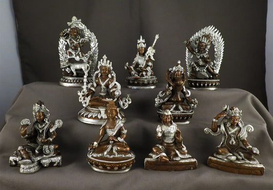 Tibetan Buddhism Guru Rinpoche Padmasambhava Statue with Eight Manifestations of Guru Silver Oxide Copper Statue Sculpture free
